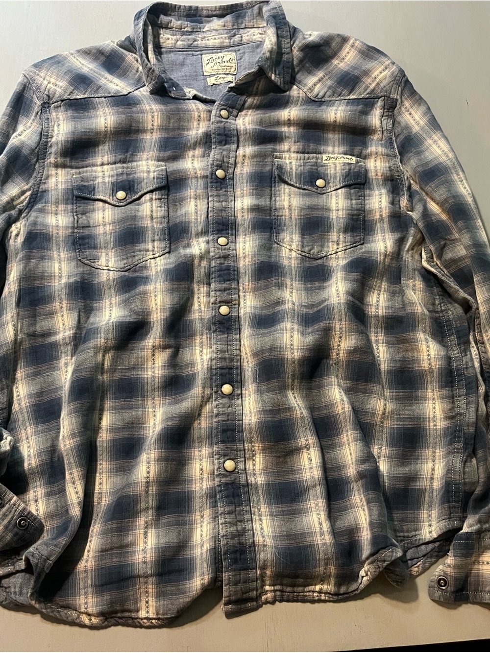 Lucky Brand Blue and Cream Plaid Button-Down Shirt